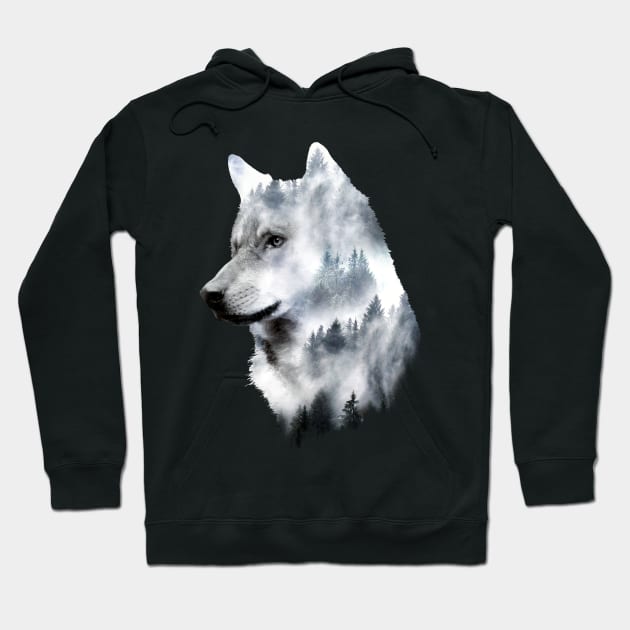 Dramabite Double exposure wolf surreal wildlife nature wilderness Hoodie by dramabite